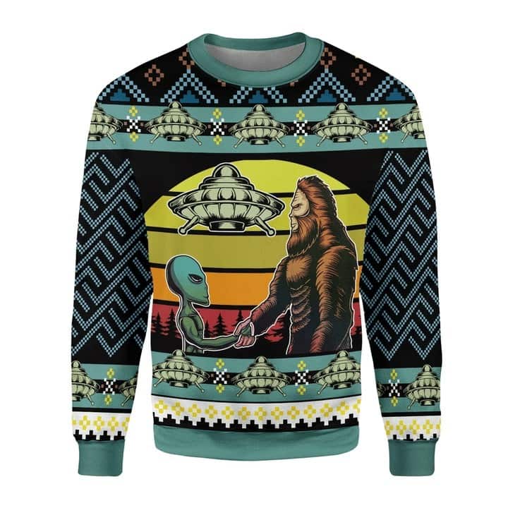 Alien And Bigfoot Ugly Christmas Sweater Alien And Bigfoot Ugly Christmas Sweater