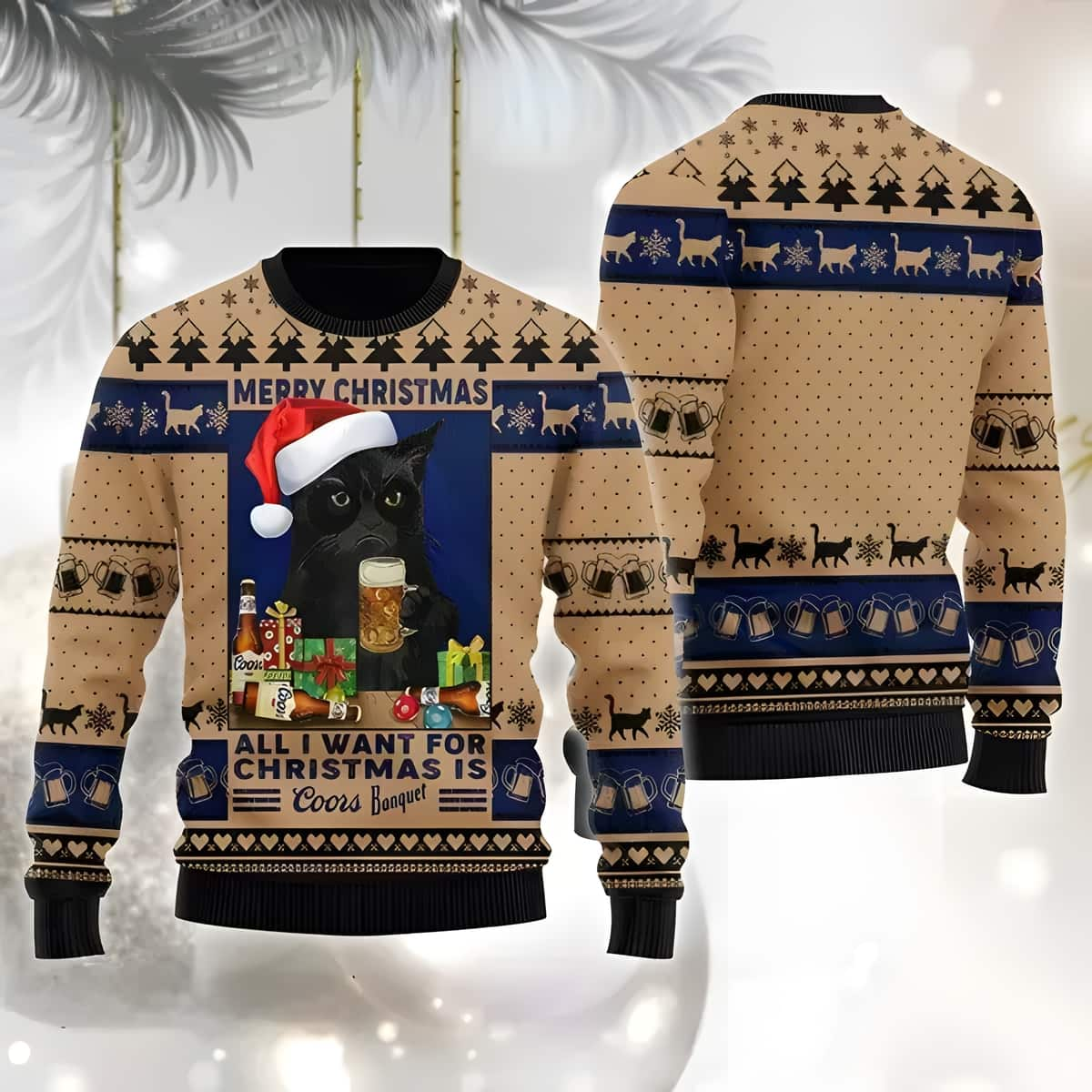 Black Cat All I Want For Christmas Is Coors Banquet Ugly Christmas Sweater