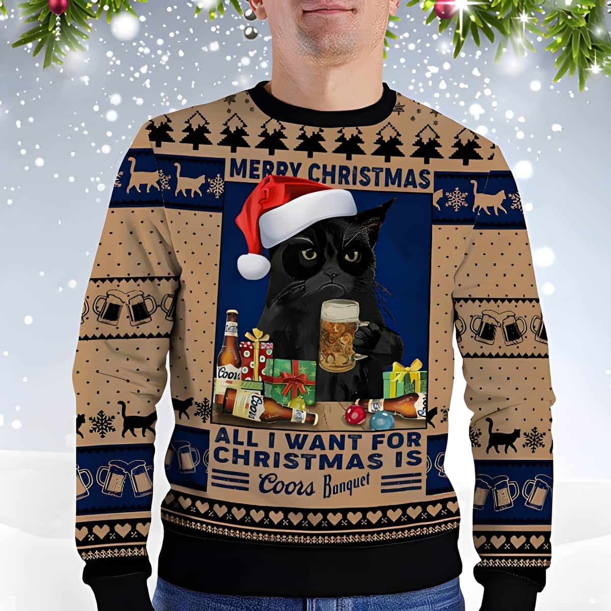 Black Cat All I Want For Christmas Is Coors Banquet Ugly Christmas Sweater Black Cat All I Want For Christmas Is Coors Banquet Ugly Christmas Sweater