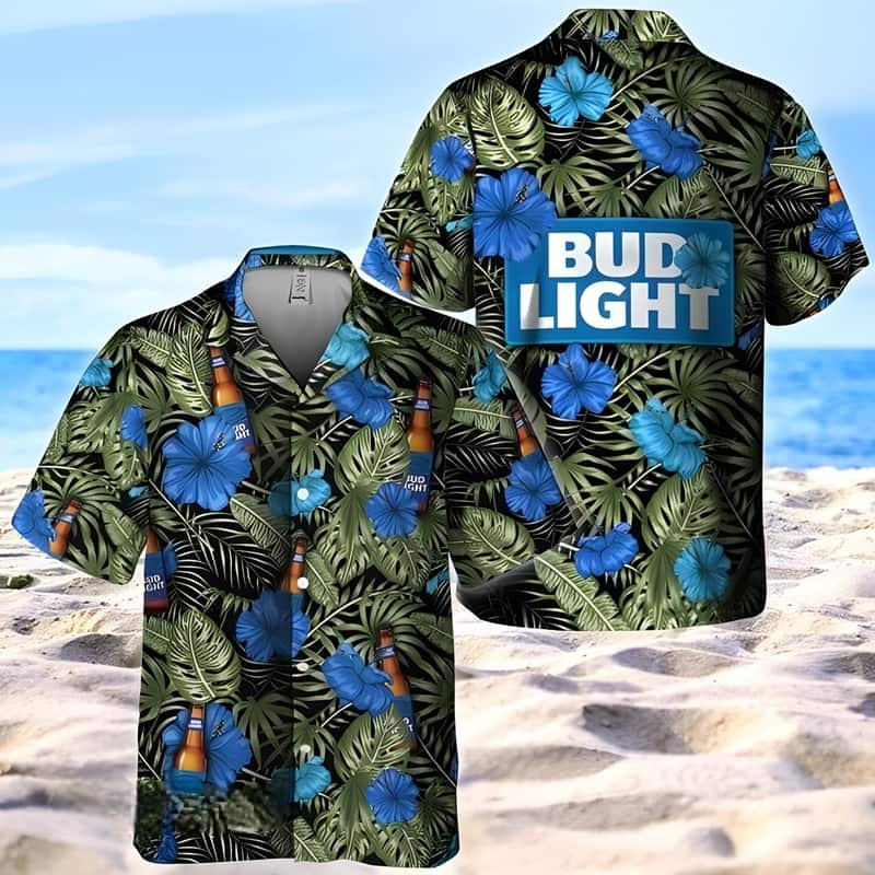 Bud Light Hawaiian Shirt Tropical Hibiscus Flowers And Palm Leaves Bud Light Hawaiian Shirt Tropical Hibiscus Flowers And Palm Leaves