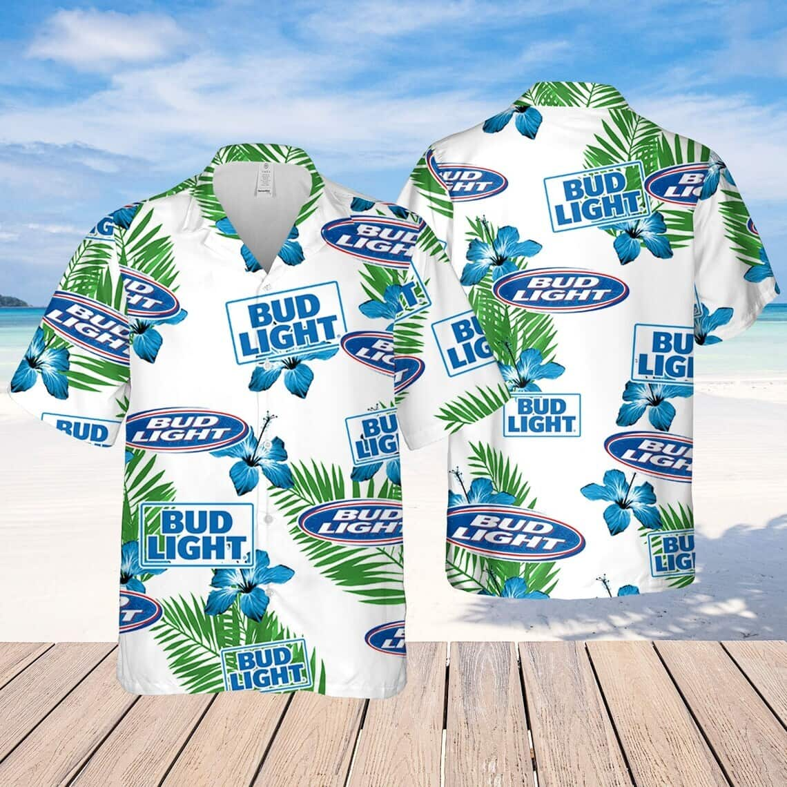 Bud Light Beer Hawaiian Shirt Hibiscus Flower Pattern Gift For Beach Lovers