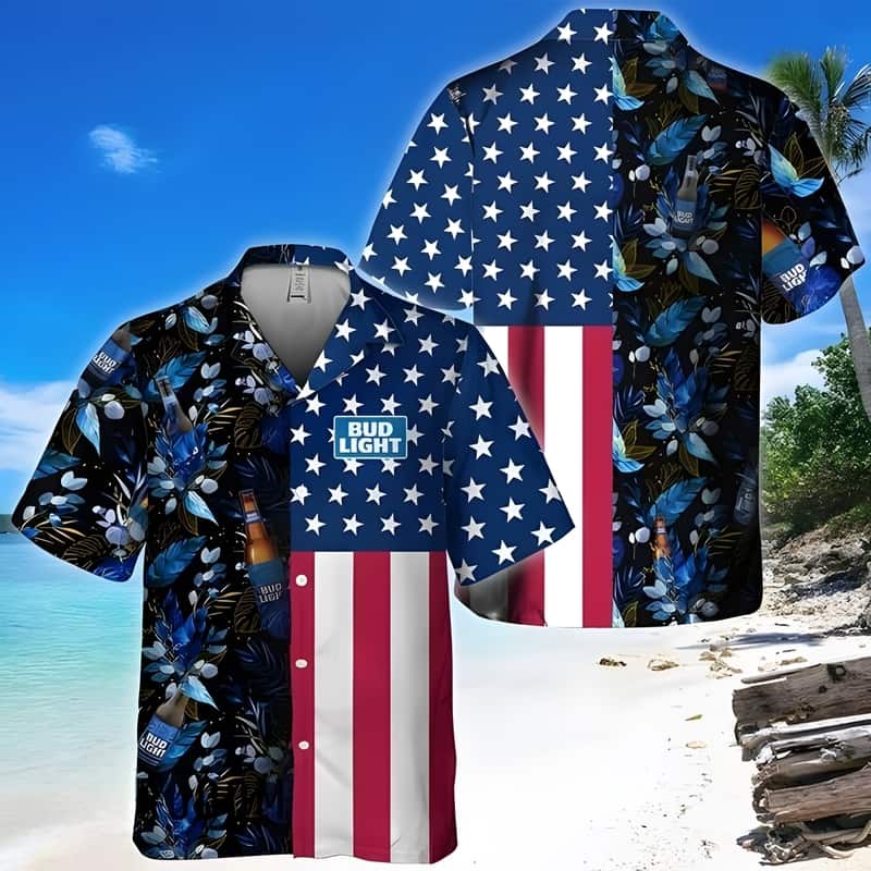 Bud Light Hawaiian Shirt US Flag Tropical Flowers Bud Light Hawaiian Shirt US Flag Tropical Flowers