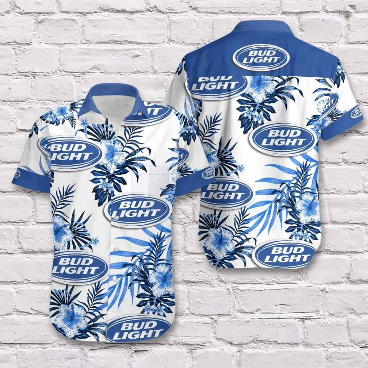 Bud Light Hawaiian Shirt Blue Tropical Flowers