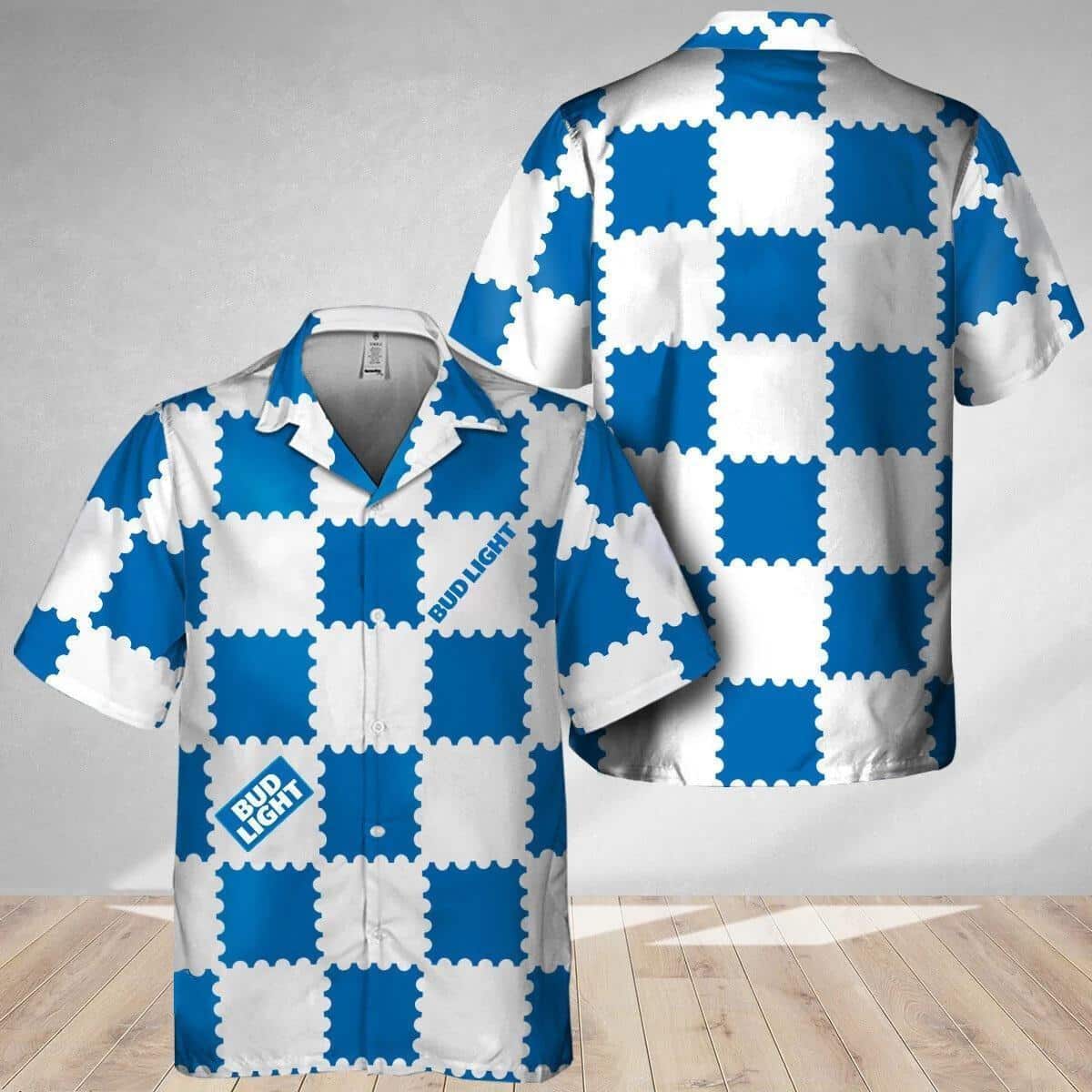 Bud Light Hawaiian Shirt Blue Gingham Pattern Bud Light Hawaiian Shirt Blue Gingham Pattern