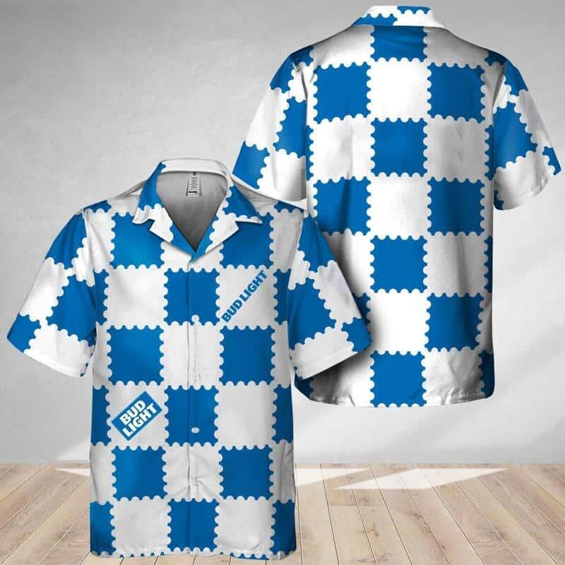 Bud Light Hawaiian Shirt Blue Gingham Pattern Bud Light Hawaiian Shirt Blue Gingham Pattern
