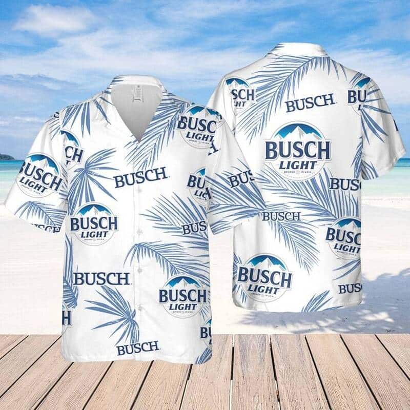 Busch Light Hawaiian Shirt Palm Leaves Pattern On White Theme