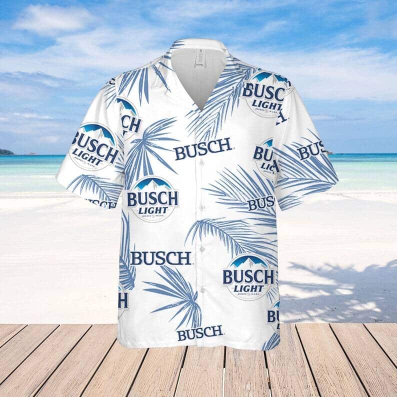 Busch Light Hawaiian Shirt Palm Leaves Pattern On White Theme Busch Light Hawaiian Shirt Palm Leaves Pattern On White Theme