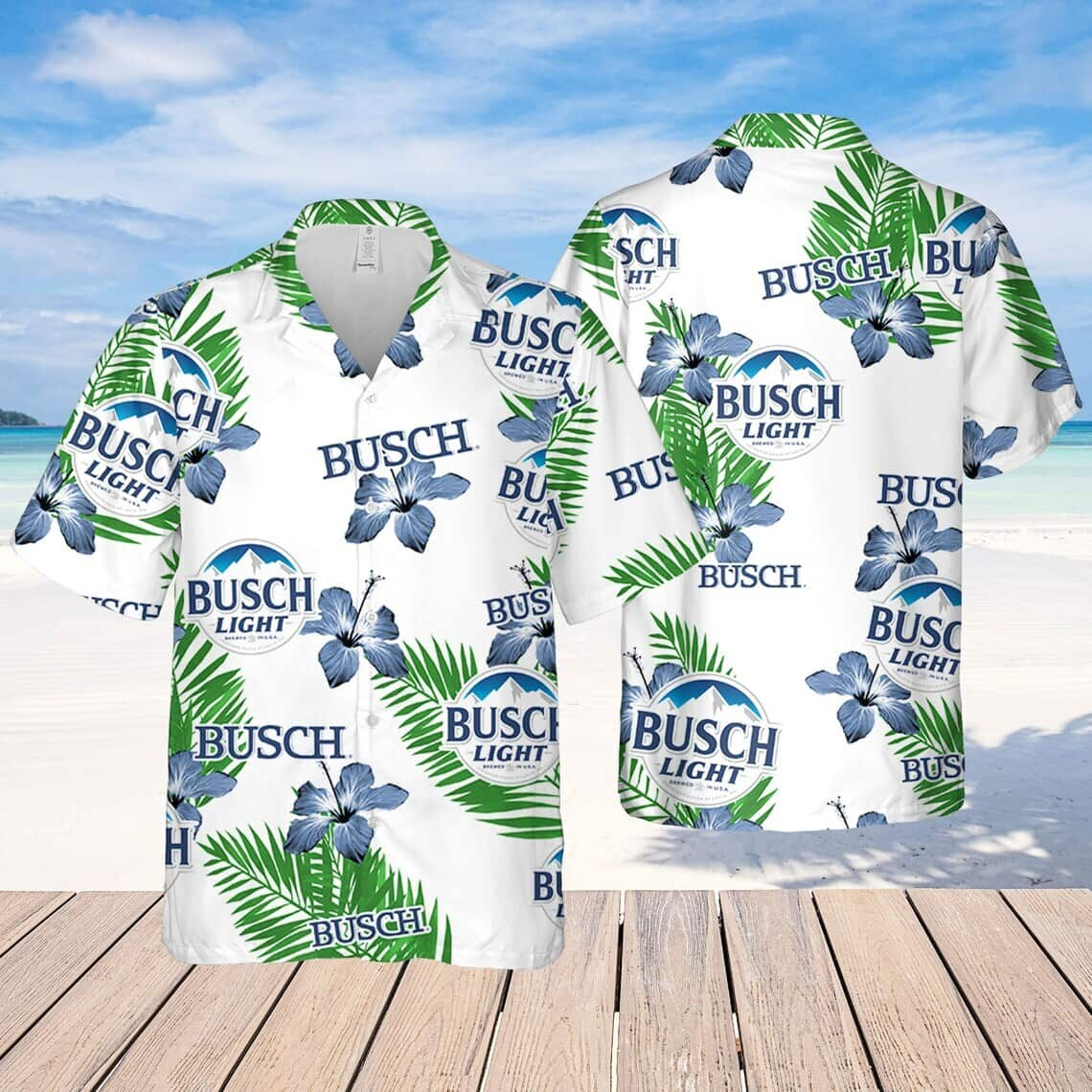 Busch Light Hawaiian Shirt Hibiscus Flower Pattern