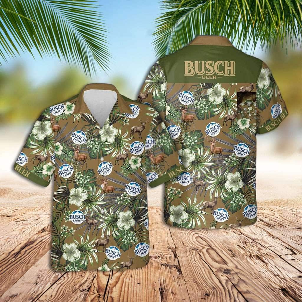 Busch Light Hawaiian Shirt Deer And Tropical Flower Pattern