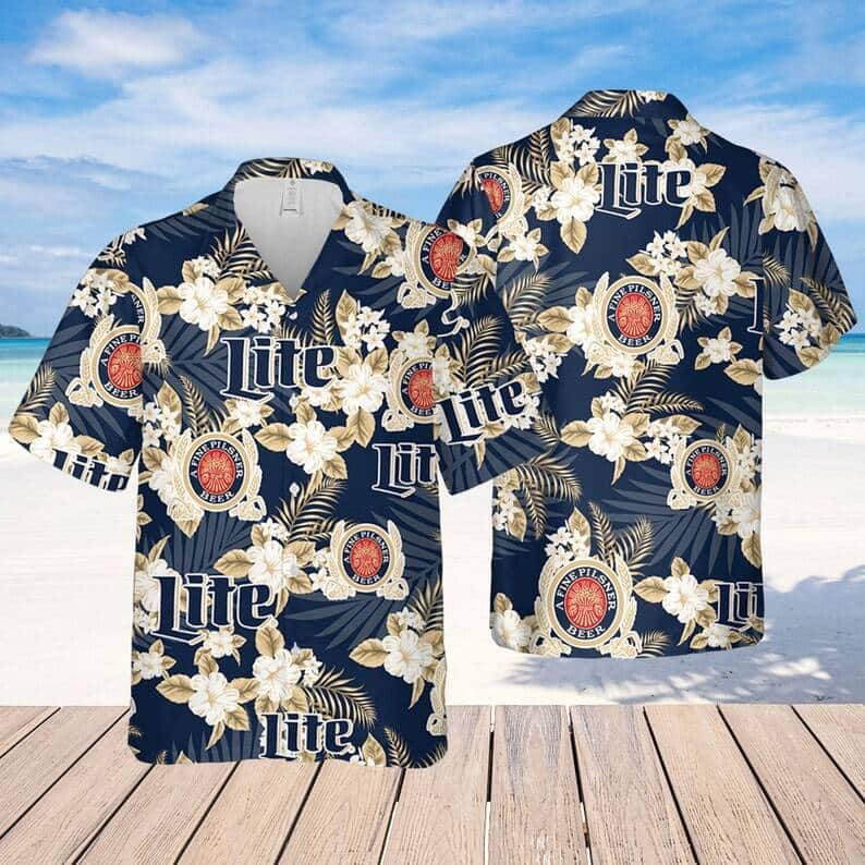 Miller Lite Hawaiian Shirt Tropical Flower Pattern