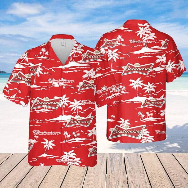 Red Aloha Budweiser Beer Hawaiian Shirt Beach Pattern