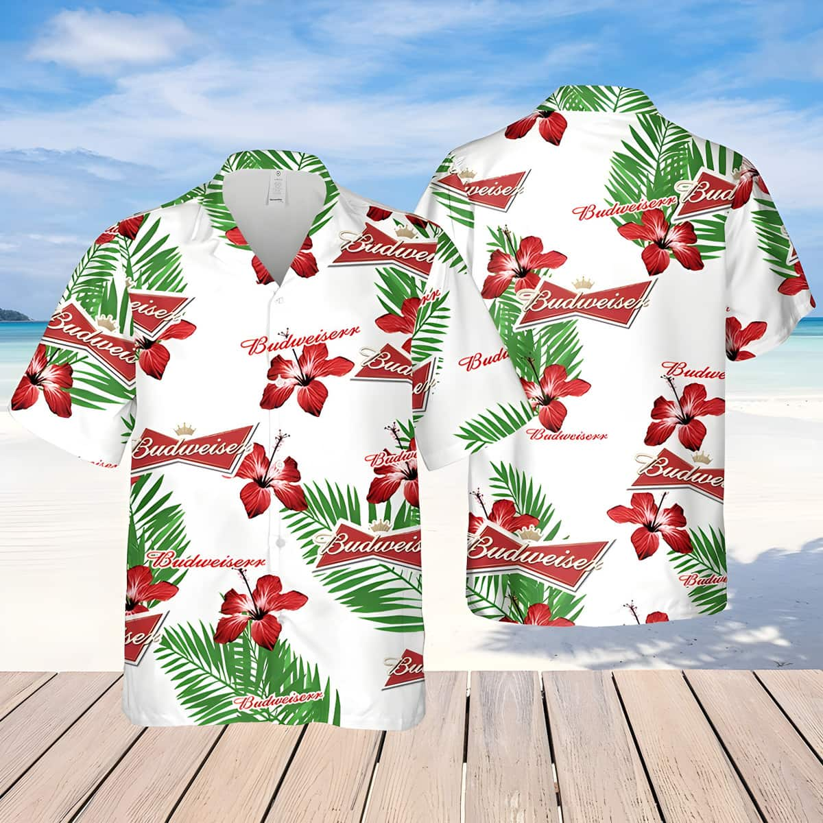 Budweiser Beer Hawaiian Shirt Hibiscus Flower Pattern