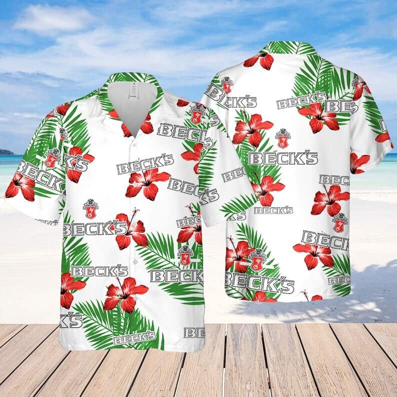 Beck's Beer Hibiscus Flower And Tropical Palm Leaves Hawaiian Shirt Beck's Beer Hibiscus Flower And Tropical Palm Leaves Hawaiian Shirt