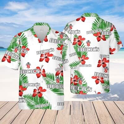 Beck's Beer Hibiscus Flower And Tropical Palm Leaves Hawaiian Shirt Beck's Beer Hibiscus Flower And Tropical Palm Leaves Hawaiian Shirt