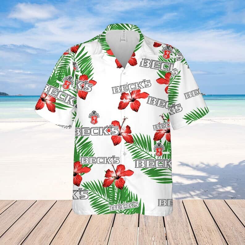 Beck's Beer Hibiscus Flower And Tropical Palm Leaves Hawaiian Shirt Beck's Beer Hibiscus Flower And Tropical Palm Leaves Hawaiian Shirt