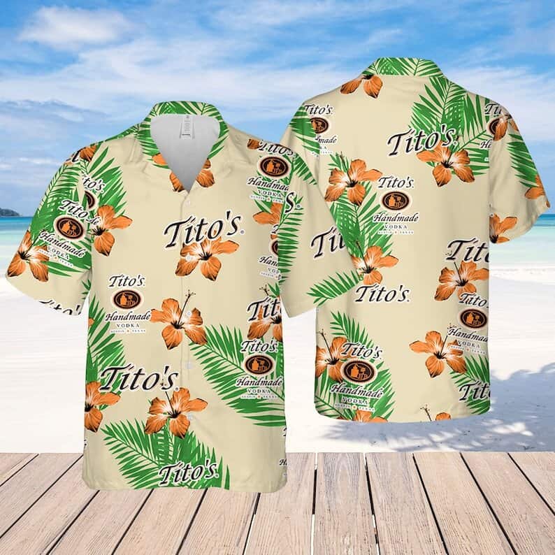 Tito's Vodka Hawaiian Shirt Hibiscus Flower And Palm Leaves Pattern Tito's Vodka Hawaiian Shirt Hibiscus Flower And Palm Leaves Pattern