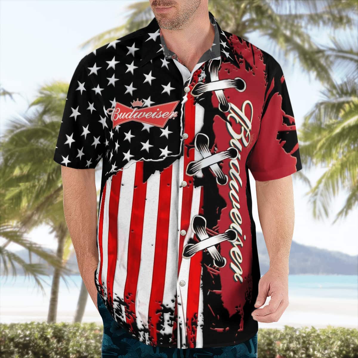 Budweiser Hawaiian Shirt US Flag Father's Day Beer Gift Budweiser Hawaiian Shirt US Flag Father's Day Beer Gift