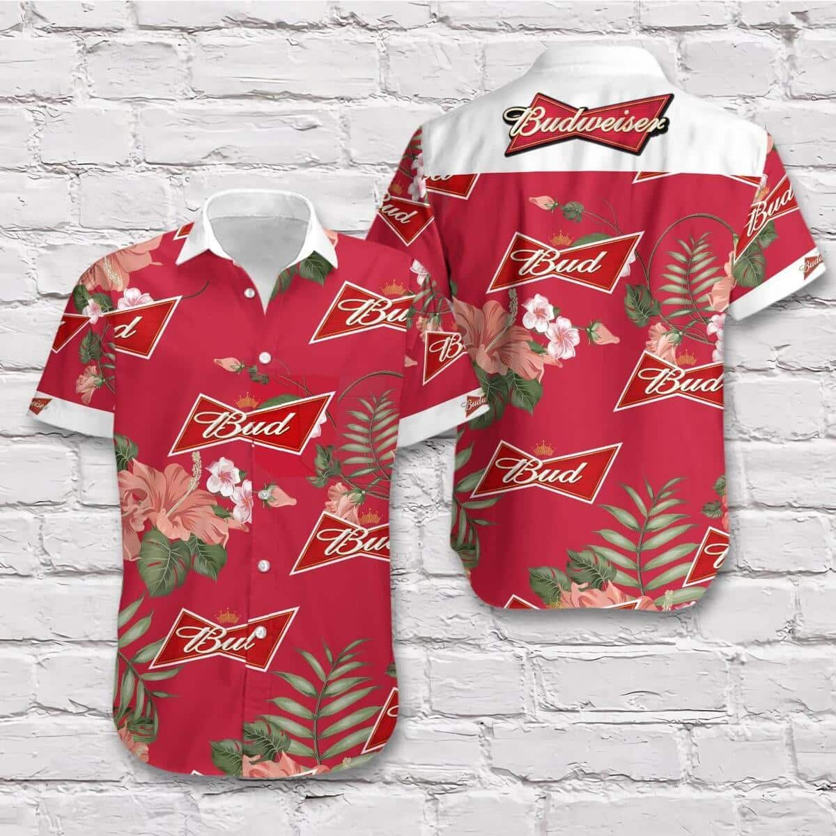 Budweiser Beer Hawaiian Shirt Red Hibiscus Flower