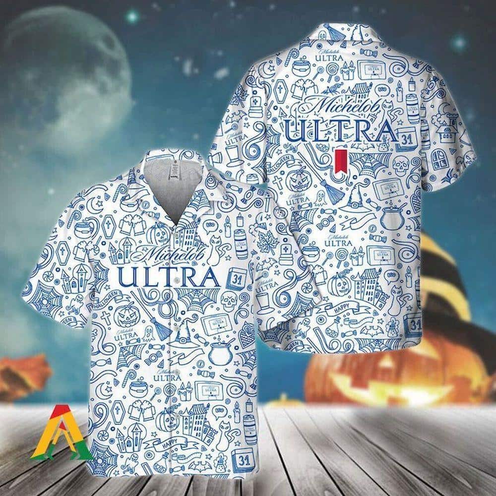 Halloween Doodle Art Michelob Ultra Hawaiian Shirt Halloween Doodle Art Michelob Ultra Hawaiian Shirt