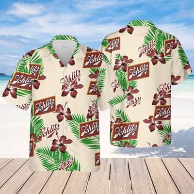 Beige Schlitz Beer Hawaiian Shirt Hibiscus Flower Palm Leaves Pattern