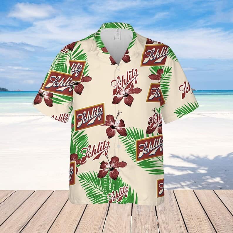 Beige Schlitz Beer Hawaiian Shirt Hibiscus Flower Palm Leaves Pattern