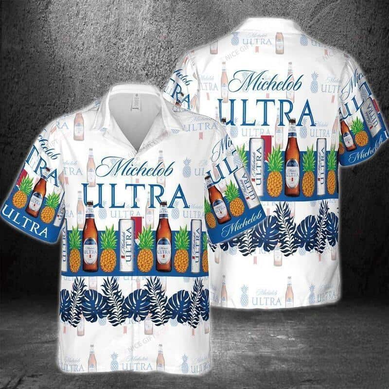 Michelob Ultra Hawaiian Shirt Pineapple Blue Tropical Leaf Michelob Ultra Hawaiian Shirt Pineapple Blue Tropical Leaf