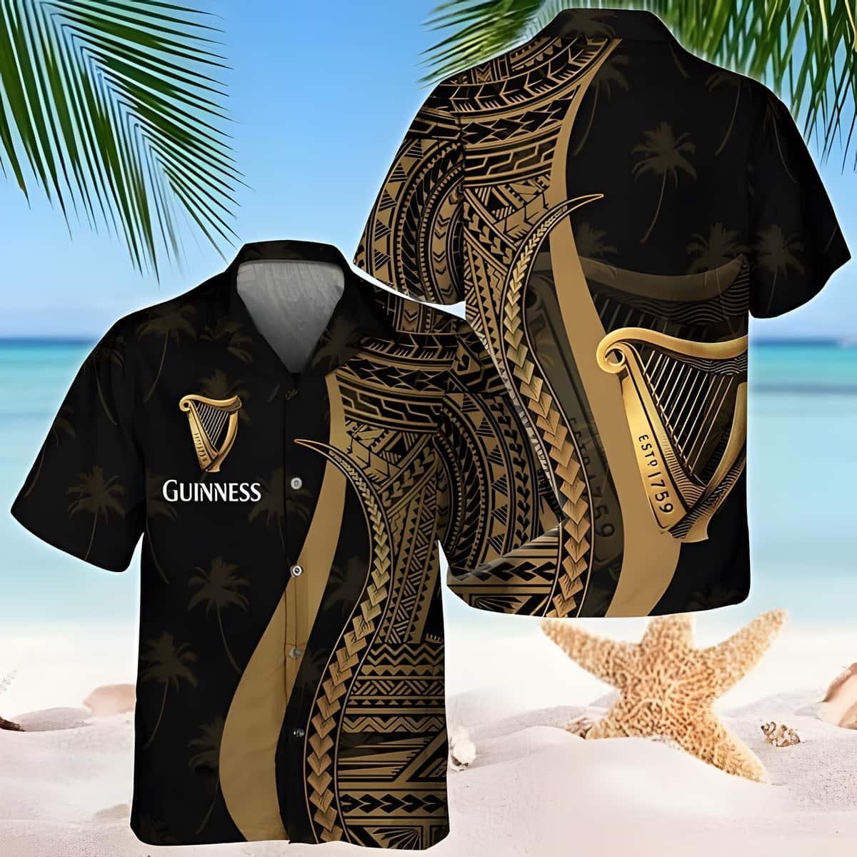 Guinness Beer Hawaiian Shirt Gold Polynesian Blend Tropical Coconut Tree Pattern