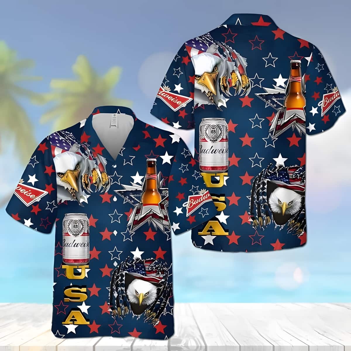 Budweiser Beer Hawaiian Shirt USA Flag Eagle Independence Day 4th Of July