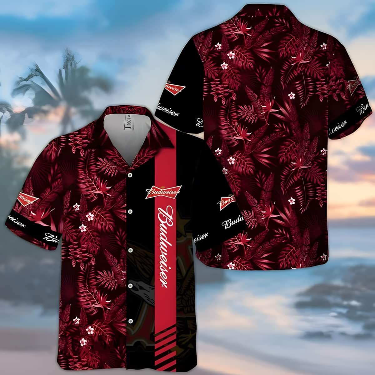 Budweiser Beer Hawaiian Shirt Red Tropical Foliage On Dark Theme