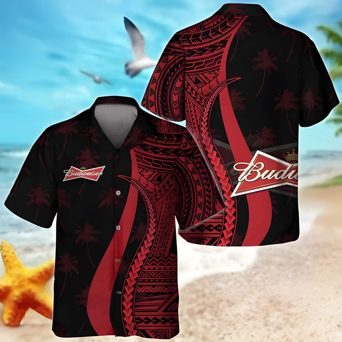 Budweiser Beer Hawaiian Shirt Red Polynesian Tropical Coconut Tree Pattern