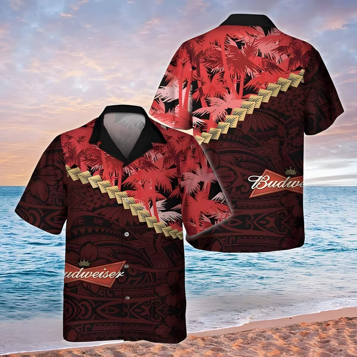 Budweiser Hawaiian Shirt Palm Tree Blend Polynesian Pattern Beer Lovers Gift