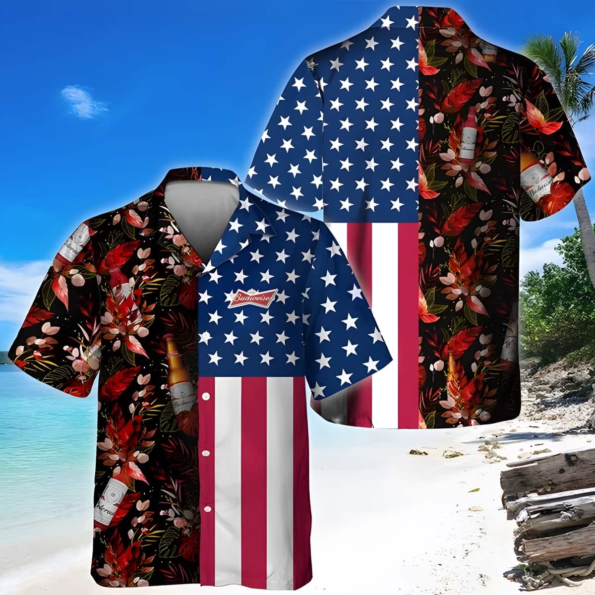 Budweiser Beer Hawaiian Shirt Tropical Flower US Flag Beach Gift For Friend