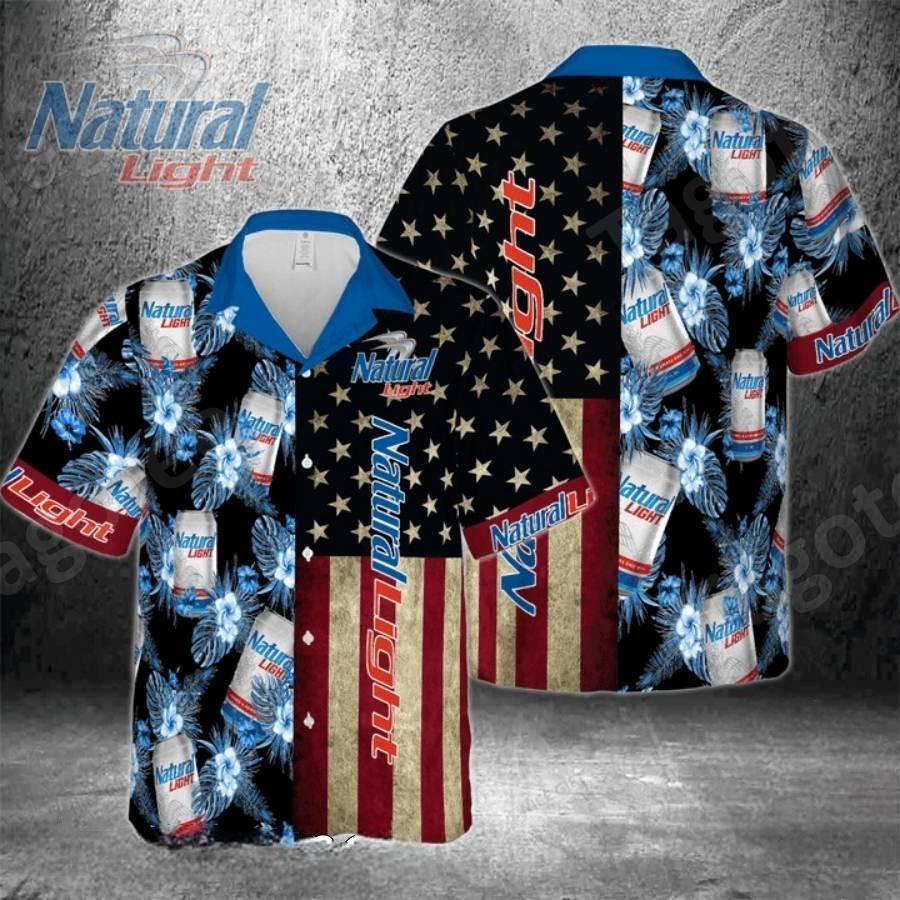 Natural Light Beer Hawaiian Shirt American Flag Tropical Pattern