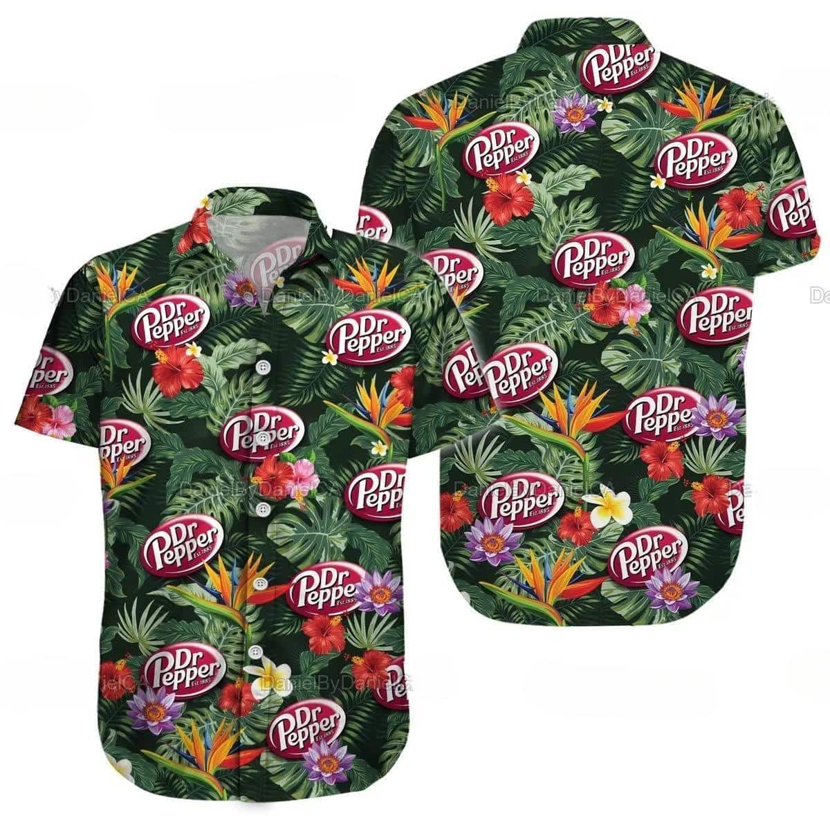 Dr Pepper Hawaiian Shirt Paradise Hibiscus Flowers And Green Leaves