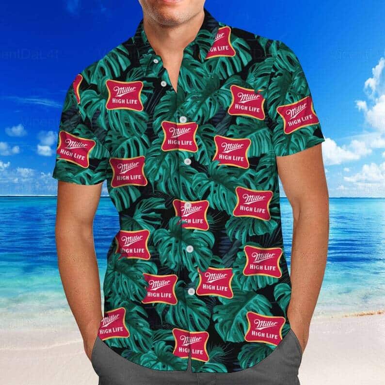 Miller High Life Hawaiian Shirt Black Aloha Green Palm Leaves Miller High Life Hawaiian Shirt Black Aloha Green Palm Leaves
