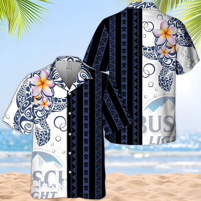 Busch Light Beer Hawaiian Shirt Polynesian Pattern Blend Ocean Turtle Busch Light Beer Hawaiian Shirt Polynesian Pattern Blend Ocean Turtle