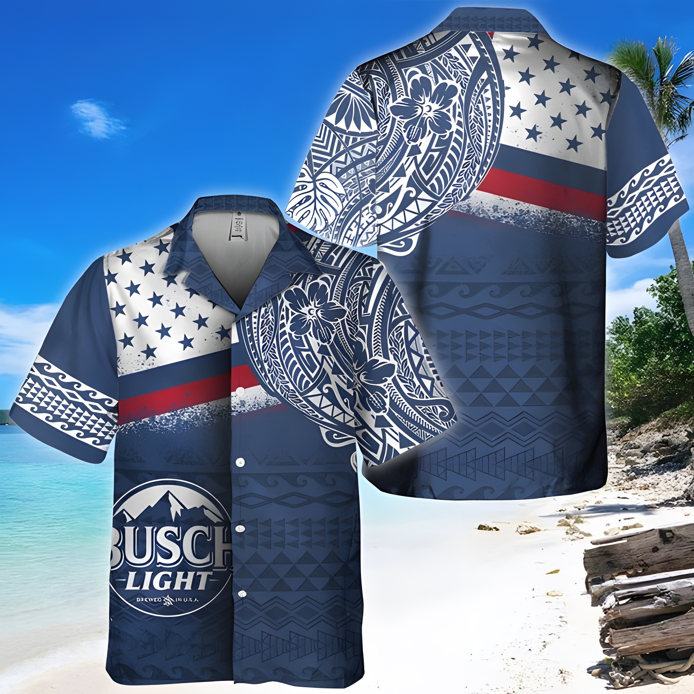 Busch Light Beer Hawaiian Shirt Polynesian Pattern