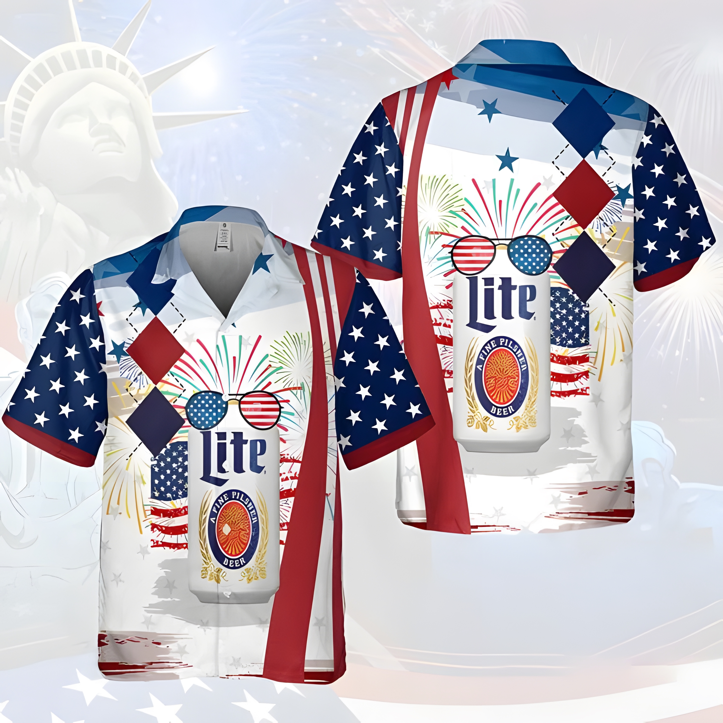 Miller Lite Hawaiian Shirt USA Flag Fireworks Independence Day Miller Lite Hawaiian Shirt USA Flag Fireworks Independence Day