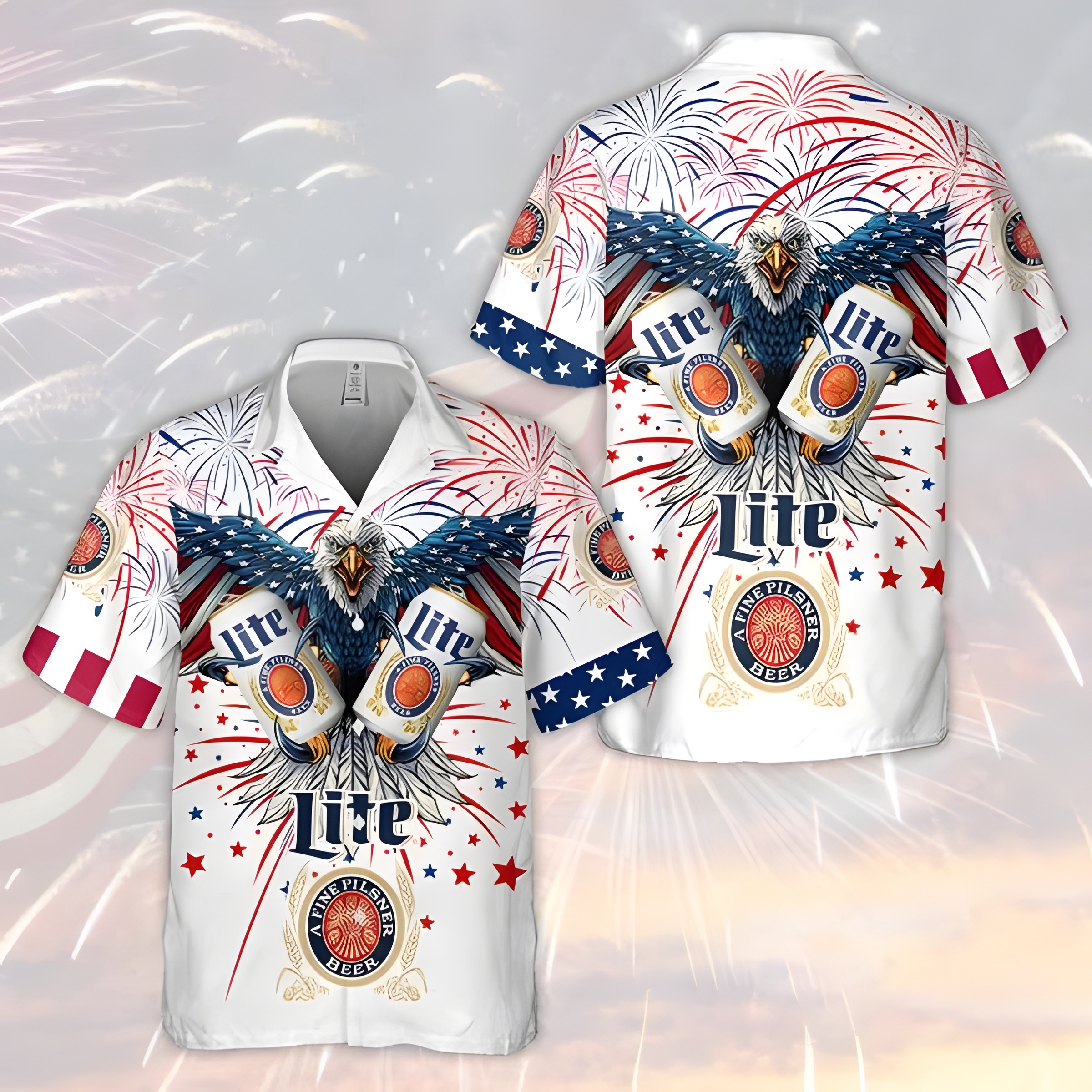 Miller Lite Beer Hawaiian Shirt Fireworks Eagle Independence Day Miller Lite Beer Hawaiian Shirt Fireworks Eagle Independence Day
