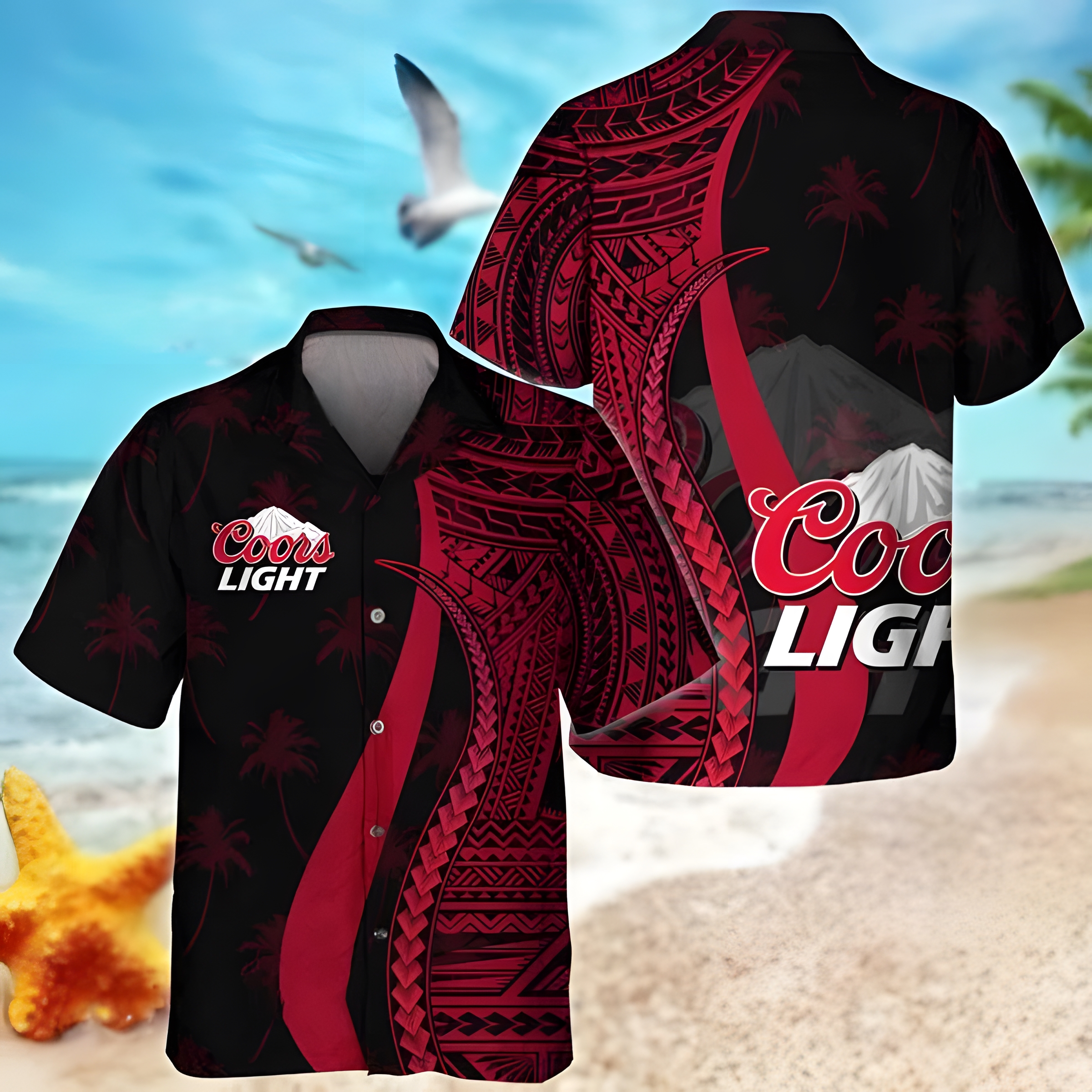 Coors Light Beer Hawaiian Shirt Polynesian Pattern