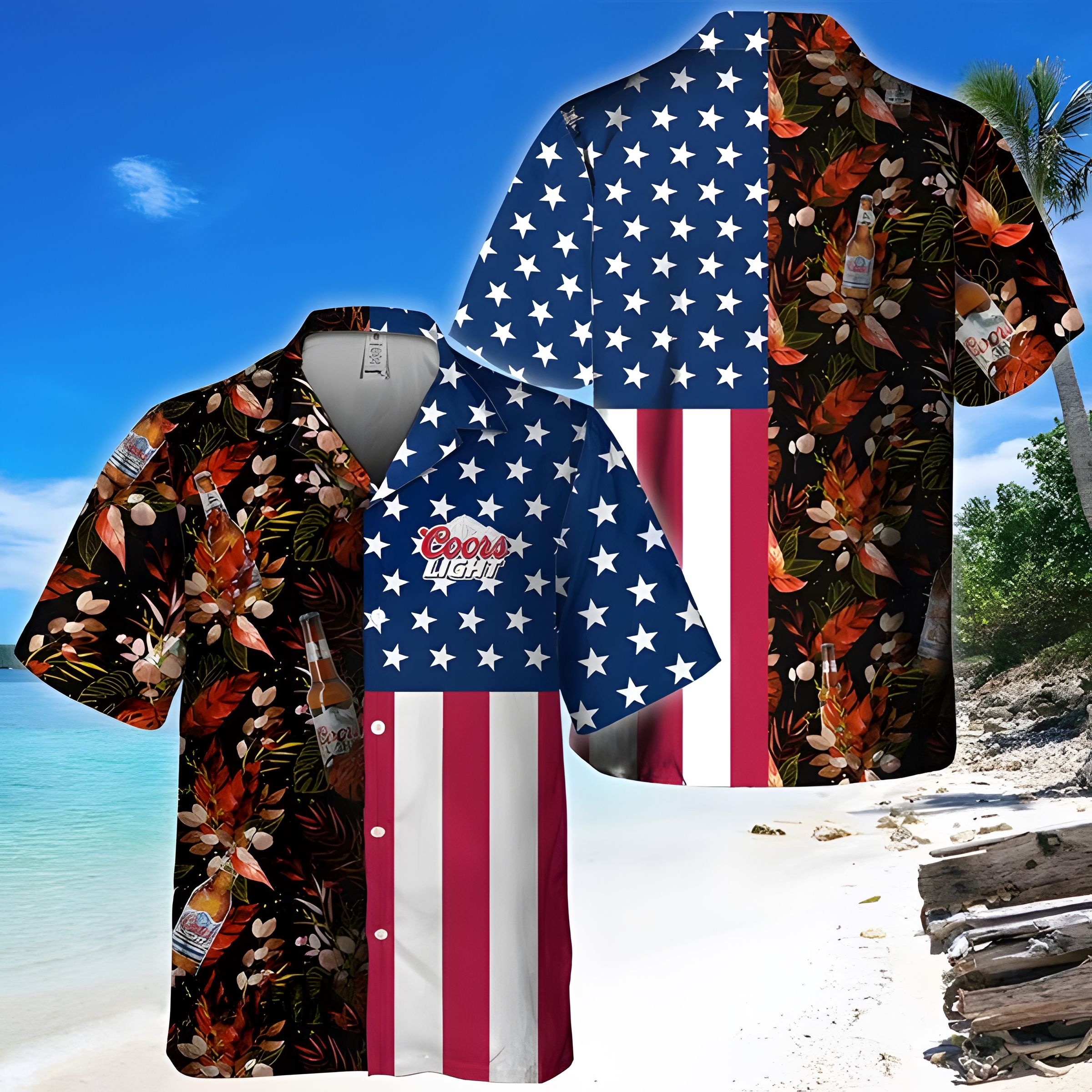 Coors Light Hawaiian Shirt US Flag Tropical Flowers