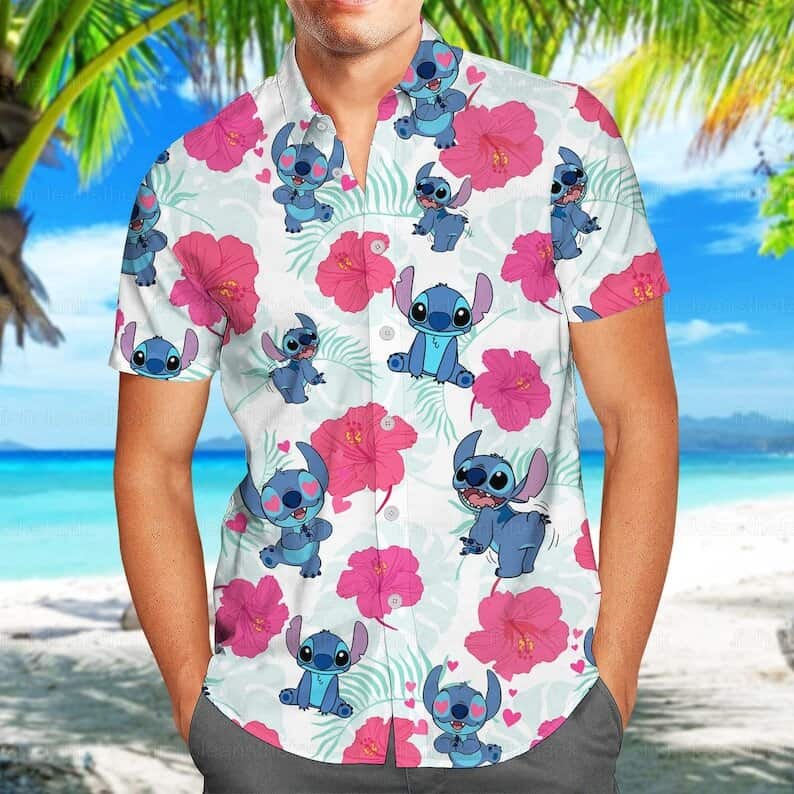 Cute Stitch Hawaiian Shirt Hibiscus Flower Pattern Gift For Beach Vacation Cute Stitch Hawaiian Shirt Hibiscus Flower Pattern Gift For Beach Vacation