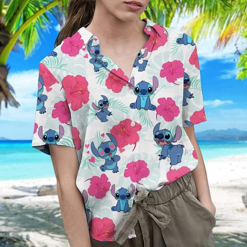 Cute Stitch Hawaiian Shirt Hibiscus Flower Pattern Gift For Beach Vacation Cute Stitch Hawaiian Shirt Hibiscus Flower Pattern Gift For Beach Vacation